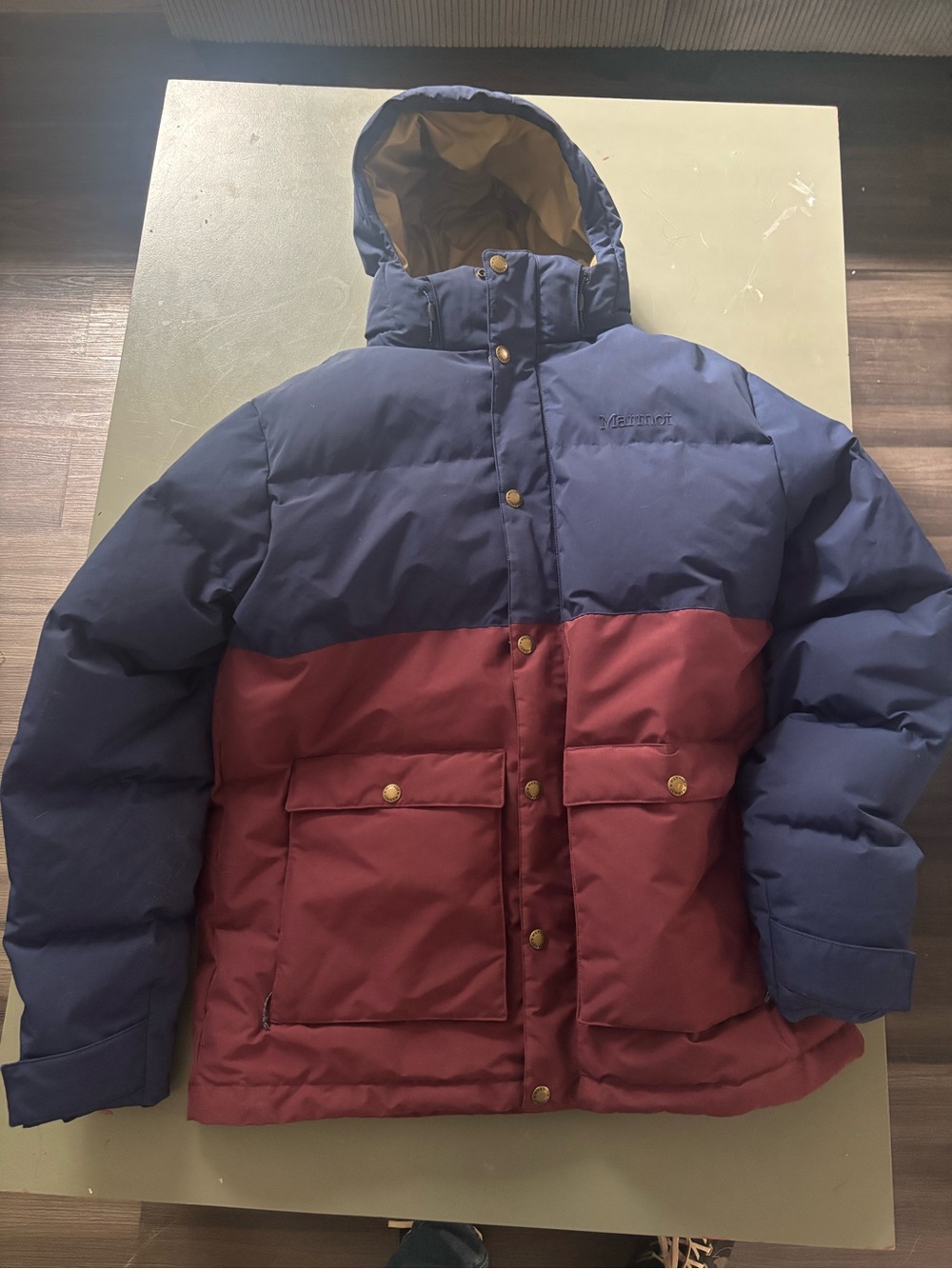 Marmot Two-Tone Hooded Down Puffer Jacket - Navy & Burgundy